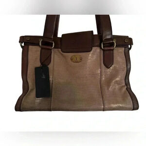 Fossil Vintage Revival Brown Leather Satchel Flap Brown and Tan Metallic